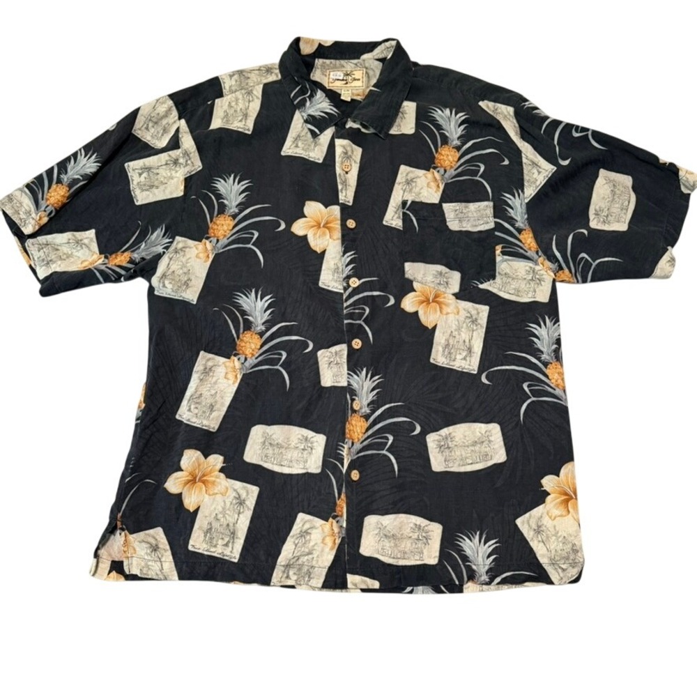 Jamaica Jaxx Mens XL Silk Hawaiian Shirt Black Tropical Pineapple Postcard Print
